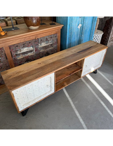 Meuble TV avec portes indiennes blanches – 180 x 40 x 60 cm