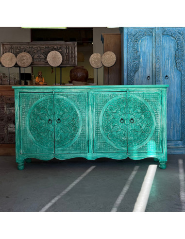 Buffet sculpté vert en manguier – 2 rosaces – 166 x 40 x 90 cm