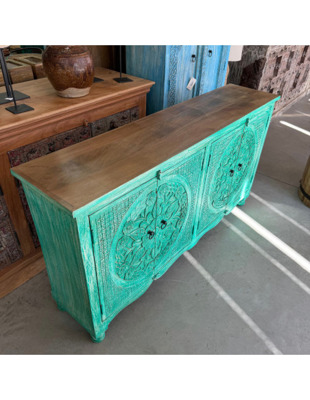 Buffet sculpté vert en manguier – 2 rosaces – 166 x 40 x 90 cm