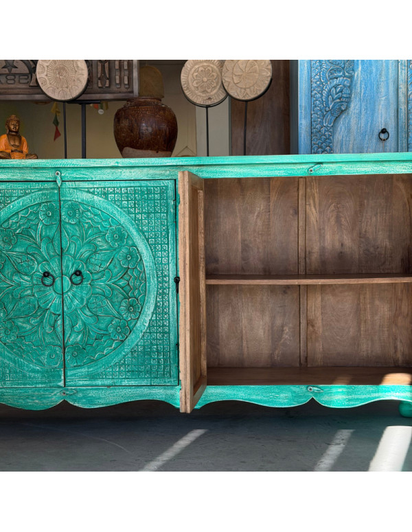 Buffet sculpté vert en manguier – 2 rosaces – 166 x 40 x 90 cm