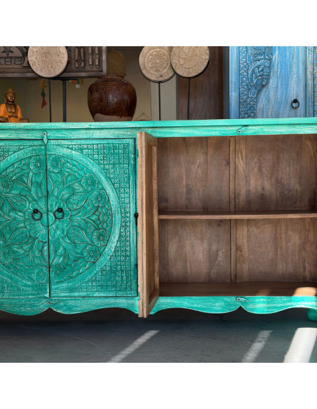 Green Carved Mango Wood Sideboard – 166 x 40 x 90 cm