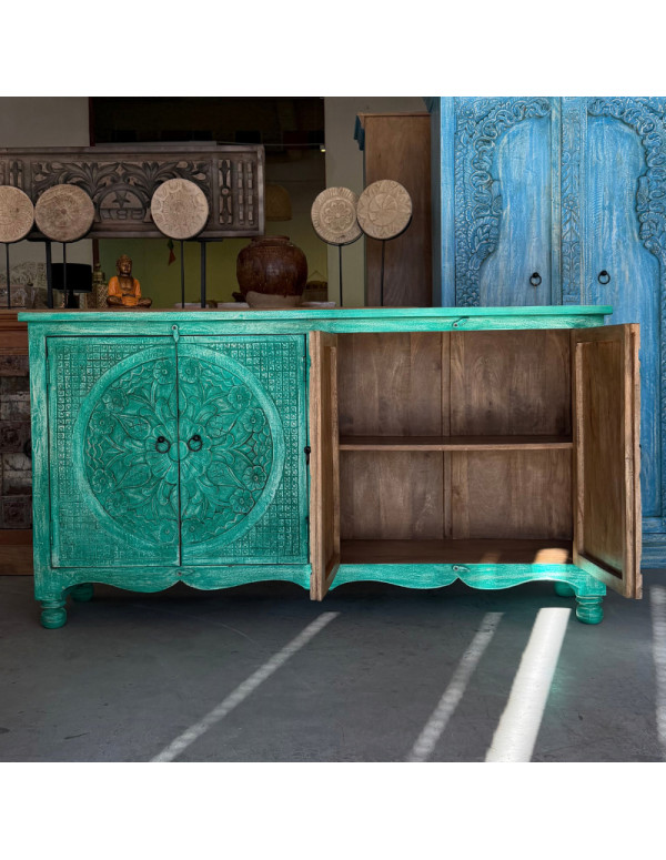 Buffet sculpté vert en manguier – 2 rosaces – 166 x 40 x 90 cm