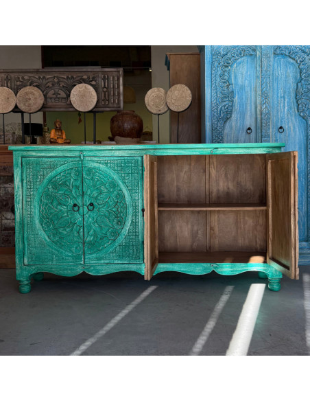 Buffet sculpté vert en manguier – 2 rosaces – 166 x 40 x 90 cm
