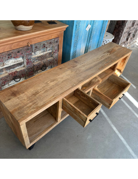 Mango Wood TV Unit with 2 Drawers & Open Shelves – 200 x 40 x 60 cm
