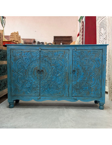 Buffet bleu sculpté 3 portes – 140 x 40 x 90 cm