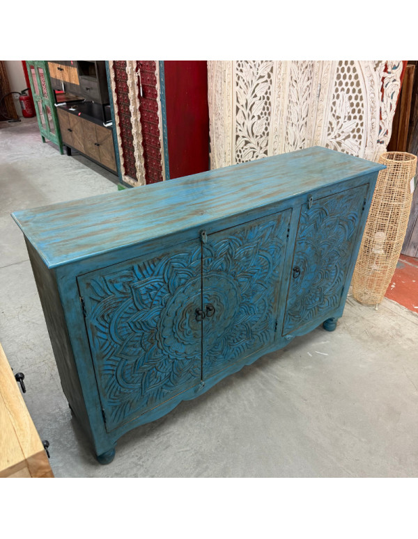 Buffet bleu sculpté 3 portes – 140 x 40 x 90 cm