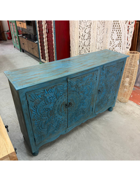 Blue Carved 3-Door Sideboard – Jodhpur – 140 x 40 x 90 cm