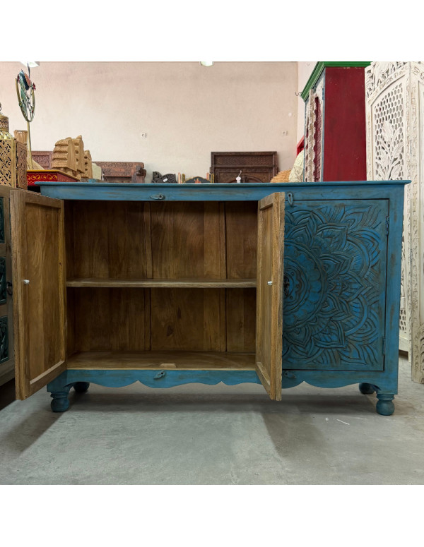 Buffet bleu sculpté 3 portes – 140 x 40 x 90 cm
