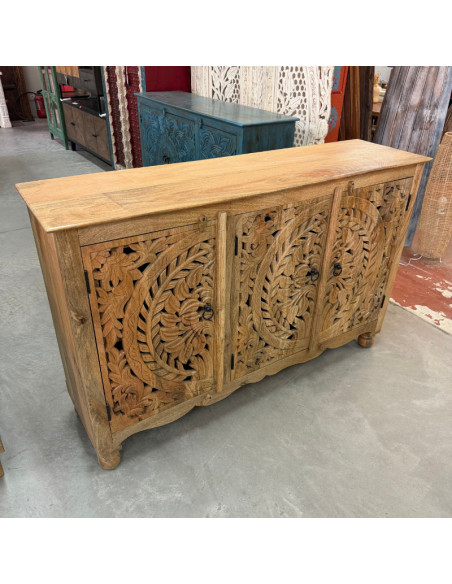 Buffet en manguier sculpté ajouré – 3 portes – 140 x 40 x 90 cm