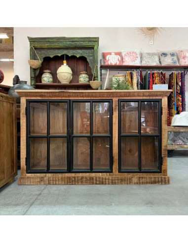 Buffet industriel en manguier et métal noir – 3 portes vitrées – 150 x 40 x 90 cm