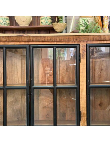 Buffet industriel en manguier et métal noir – 3 portes vitrées – 150 x 40 x 90 cm