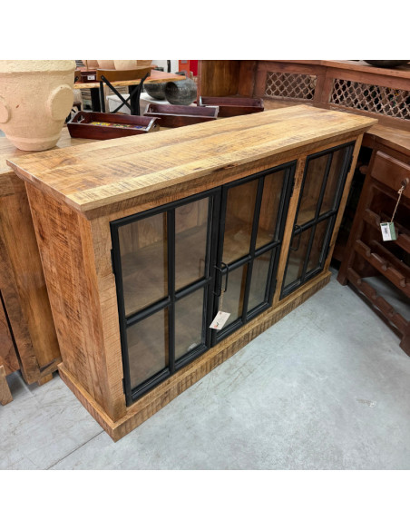 Buffet industriel en manguier et métal noir – 3 portes vitrées – 150 x 40 x 90 cm