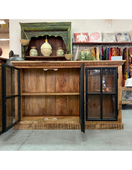 Industrial Mango Wood & Black Metal Sideboard – 3 Glass Doors – 150 x 40 x 90 cm