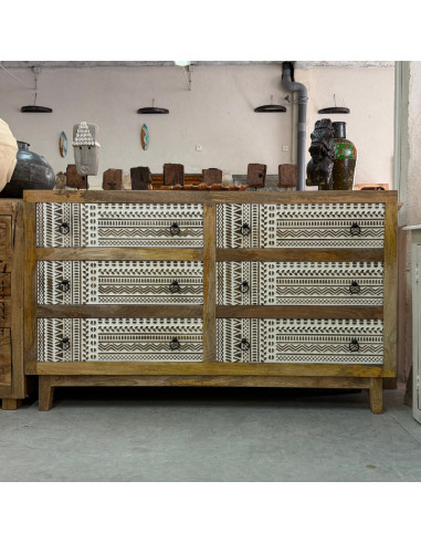 Commode en manguier sculpté – 6 tiroirs – 150 x 40 x 90 cm