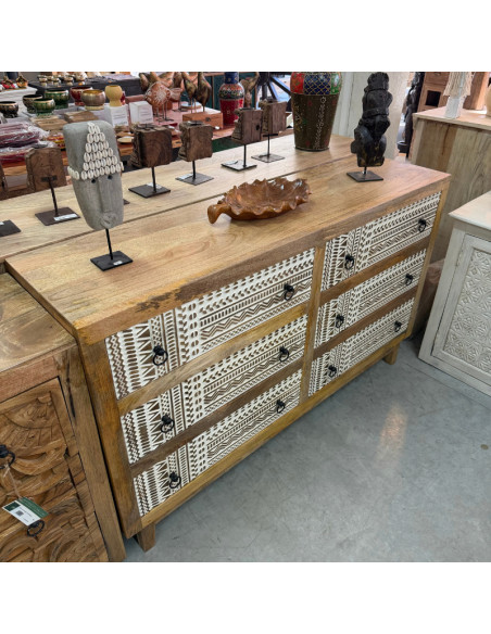 Commode en manguier sculpté – 6 tiroirs – 150 x 40 x 90 cm