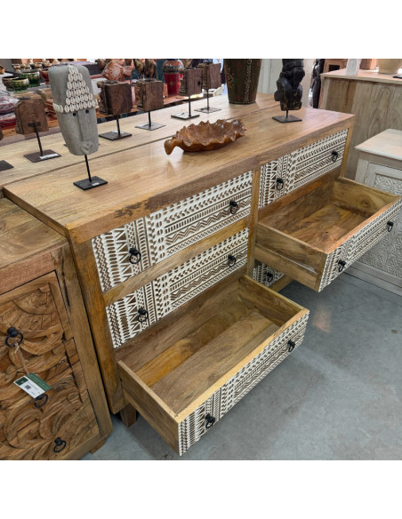 Commode en manguier sculpté – 6 tiroirs – 150 x 40 x 90 cm