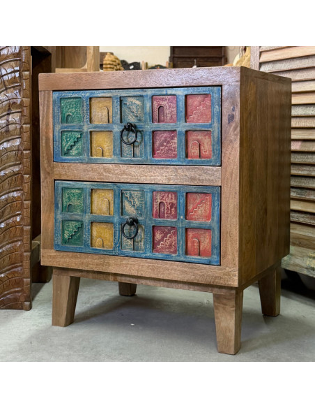 Paire de tables de chevet en manguier sculpté – 2 tiroirs – 50 x 40 x 60 cm