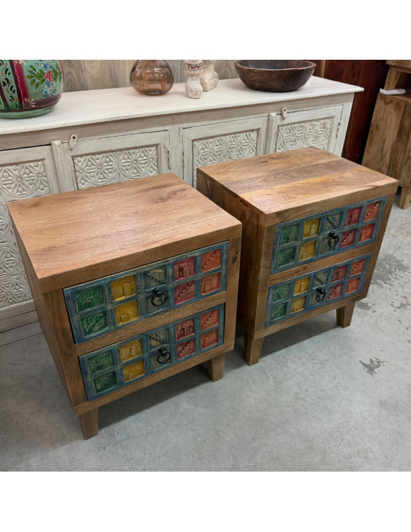 Pair of Carved Mango Wood Bedside Tables – 2 Drawers – 50 x 40 x 60 cm