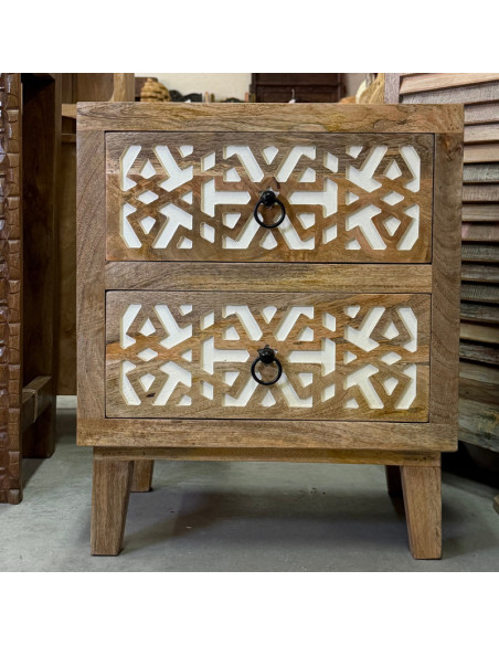 Pair of Carved Mango Wood Bedside Tables – 2 Drawers – 50 x 40 x 60 cm