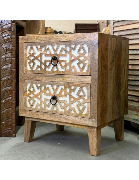 Paire de tables de chevet en manguier sculpté – 2 tiroirs – 50 x 40 x 60 cm