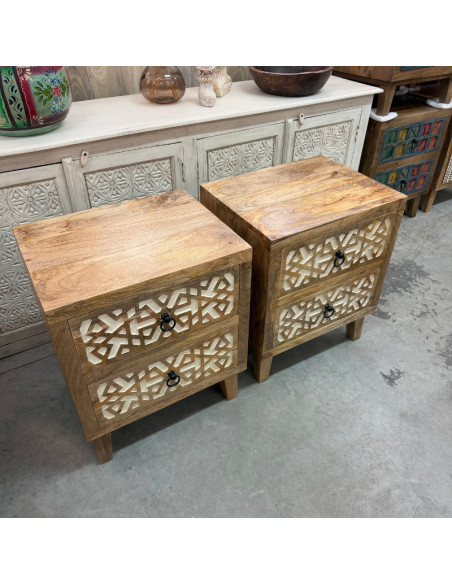 Pair of Carved Mango Wood Bedside Tables – 2 Drawers – 50 x 40 x 60 cm