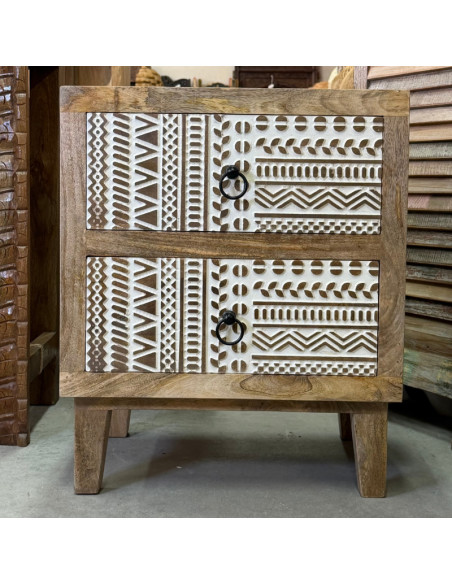 Paire de tables de chevet en manguier sculpté – 2 tiroirs – 50 x 40 x 60 cm