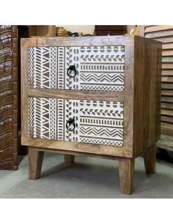 Paire de tables de chevet en manguier sculpté – 2 tiroirs – 50 x 40 x 60 cm