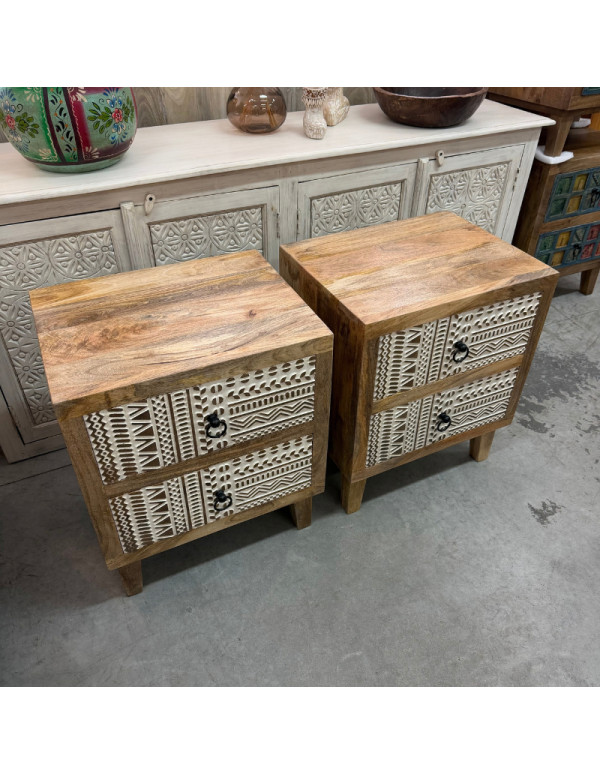 Paire de tables de chevet en manguier sculpté – 2 tiroirs – 50 x 40 x 60 cm