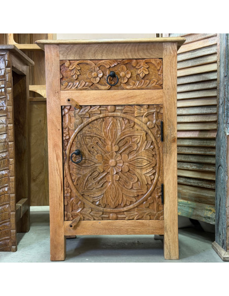 Pair of Carved Mango Wood Bedside Tables – 1 Door, 1 Drawer – 45 x 40 x 70 cm