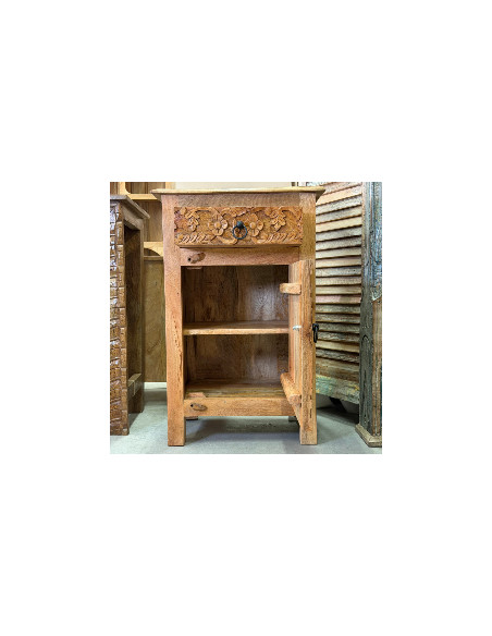 Paire de tables de chevet en manguier sculpté – 1 porte, 1 tiroir – 45 x 40 x 70 cm