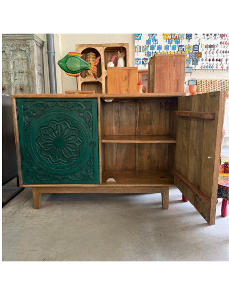 Grünes Sideboard aus geschnitztem Mangoholz mit 2 Türen – 120 x 40 x 85 cm