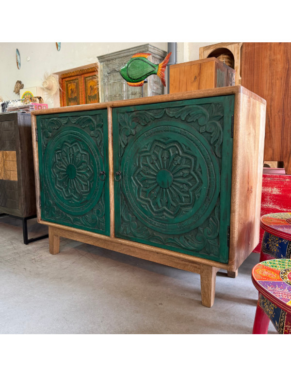 Grünes Sideboard aus geschnitztem Mangoholz mit 2 Türen – 120 x 40 x 85 cm
