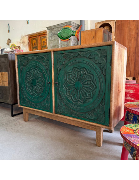 Grünes Sideboard aus geschnitztem Mangoholz mit 2 Türen – 120 x 40 x 85 cm