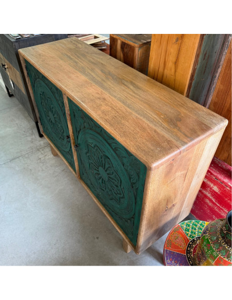 Buffet 2 portes vert en manguier sculpté – 120 x 40 x 85 cm