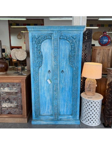 Armoire bleue sculptée 2 portes en manguier – 90 x 40 x 180 cm