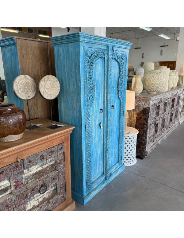 Armoire bleue sculptée 2 portes en manguier – 90 x 40 x 180 cm