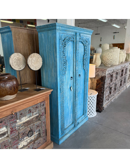 Armoire bleue sculptée 2 portes en manguier – 90 x 40 x 180 cm