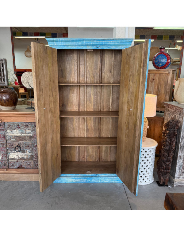 Armoire bleue sculptée 2 portes en manguier – 90 x 40 x 180 cm