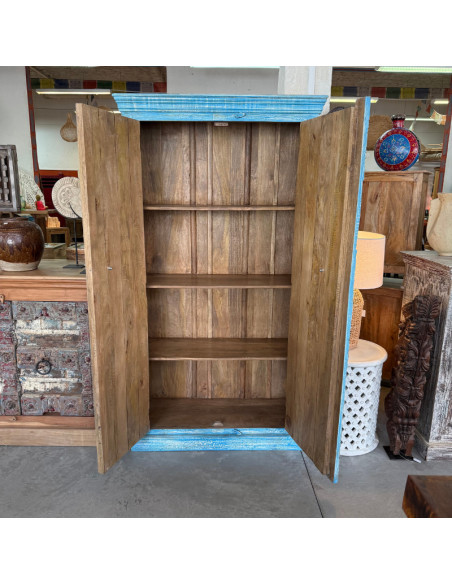 Armoire bleue sculptée 2 portes en manguier – 90 x 40 x 180 cm