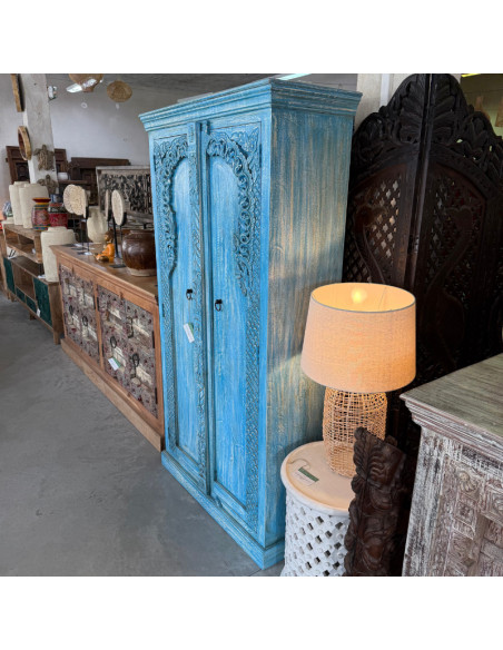 Armoire bleue sculptée 2 portes en manguier – 90 x 40 x 180 cm