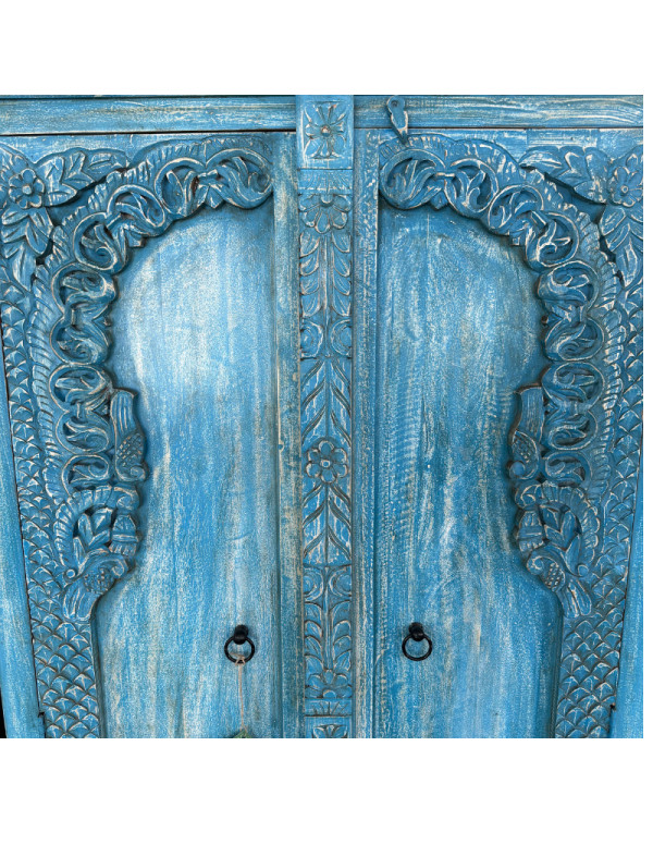 Armoire bleue sculptée 2 portes en manguier – 90 x 40 x 180 cm