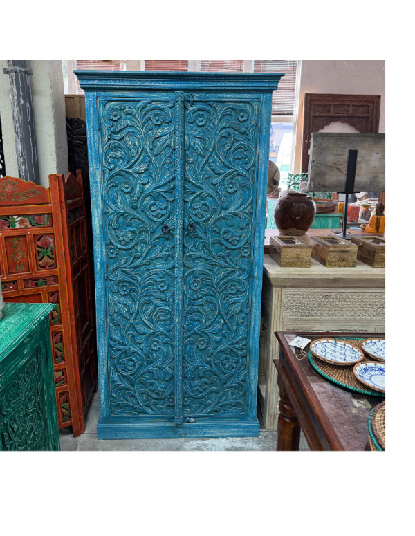 Armoire bleue sculptée en manguier – 90 x 40 x 180 cm