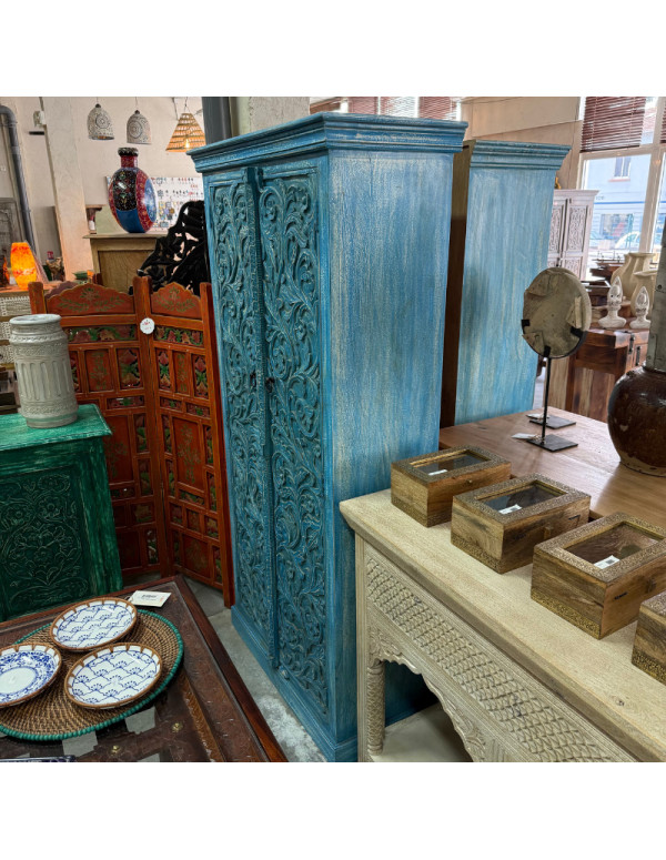 Armoire bleue sculptée en manguier – 90 x 40 x 180 cm