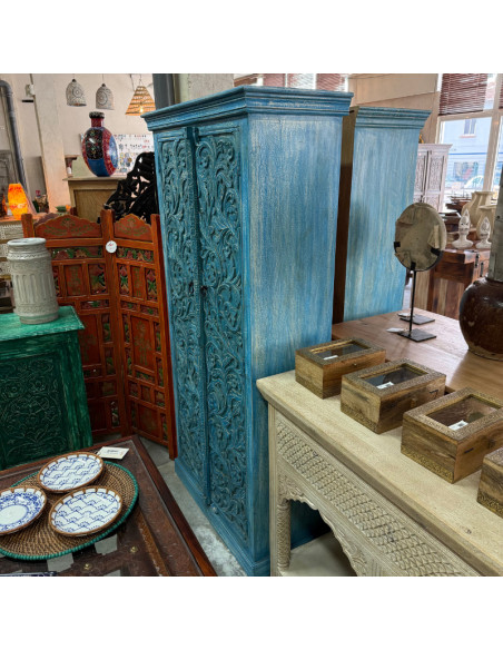 Armoire bleue sculptée en manguier – 90 x 40 x 180 cm