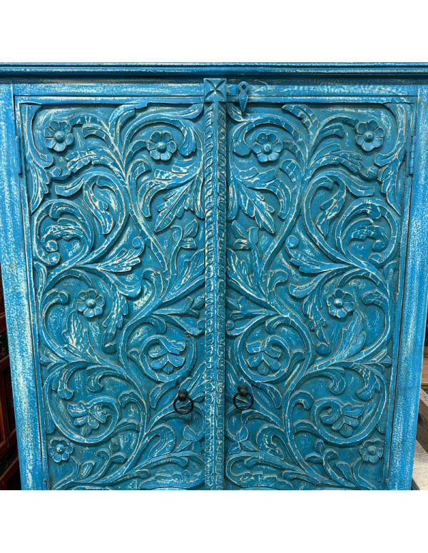 Armoire bleue sculptée en manguier – 90 x 40 x 180 cm