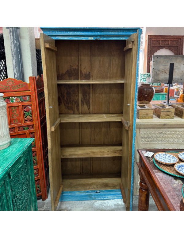 Armoire bleue sculptée en manguier – 90 x 40 x 180 cm