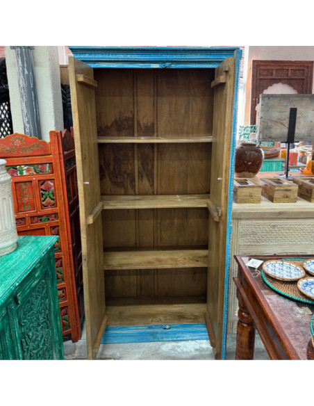 Armoire bleue sculptée en manguier – 90 x 40 x 180 cm