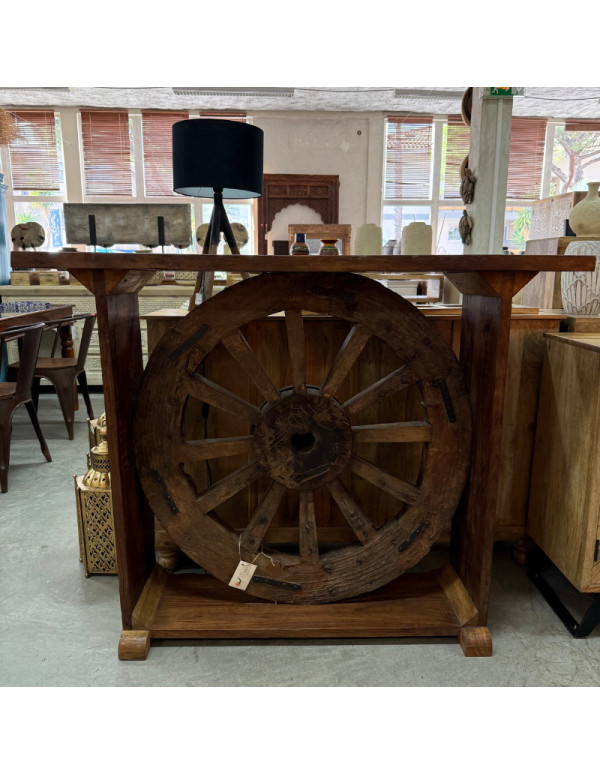 Console en teck recyclé avec roue de charrette ancienne – 140 x 40 x 109 cm