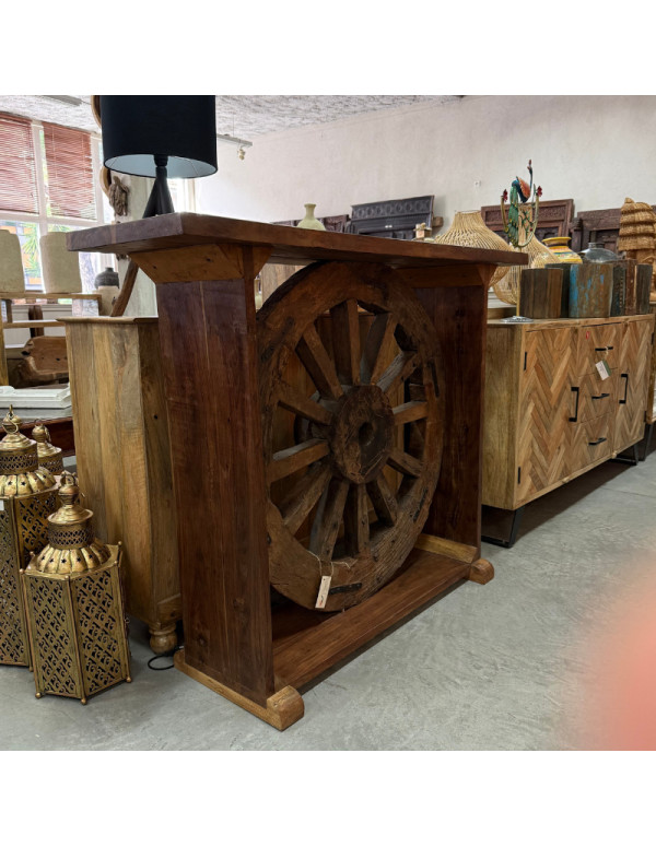 Console en teck recyclé avec roue de charrette ancienne – 140 x 40 x 109 cm