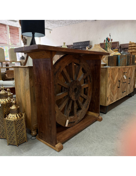 Console en teck recyclé avec roue de charrette ancienne – 140 x 40 x 109 cm